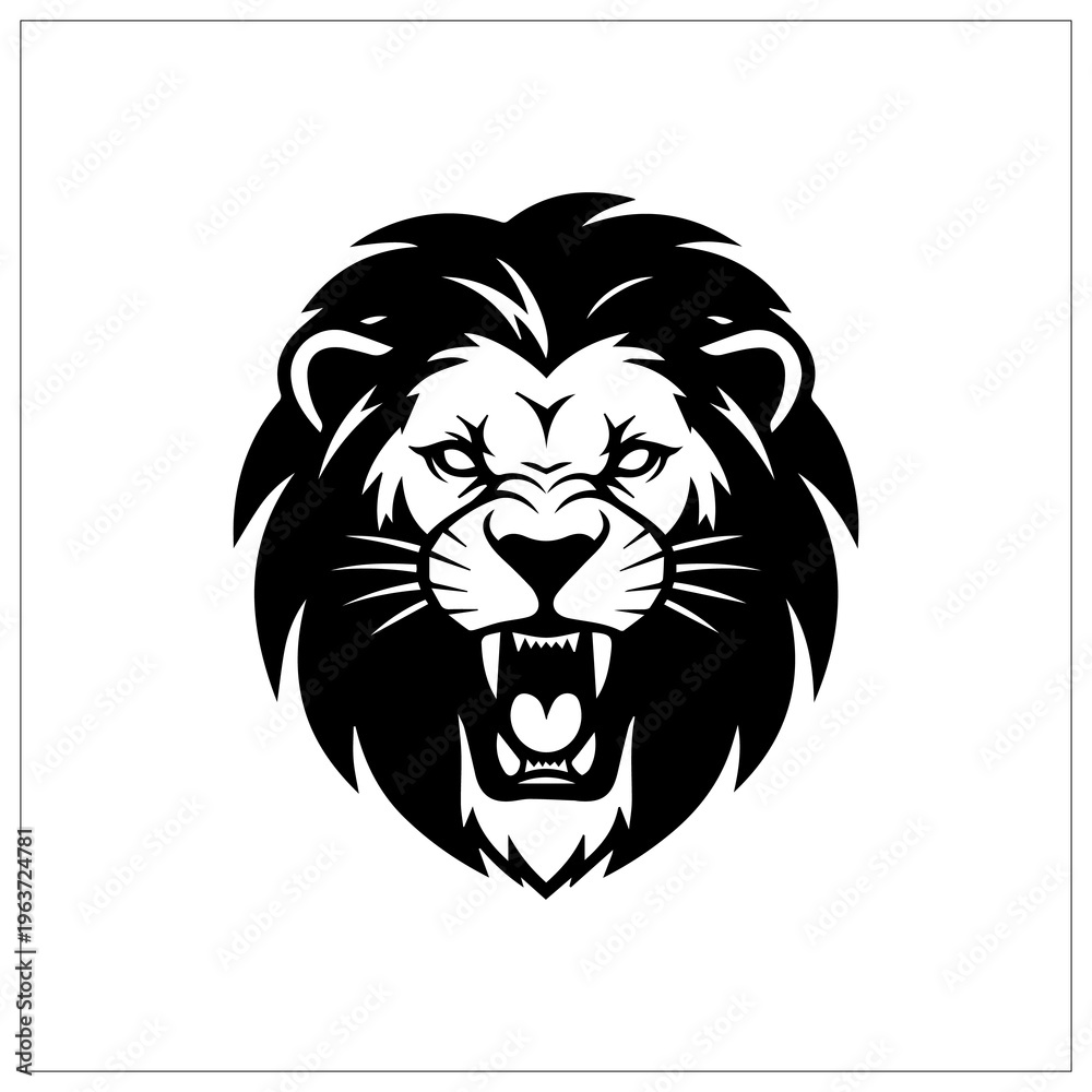 Obraz premium Majestic Lion's Roar: A striking monochrome depiction of a lion's head in full roar, capturing the essence of power, dominance, and the untamed wild.
