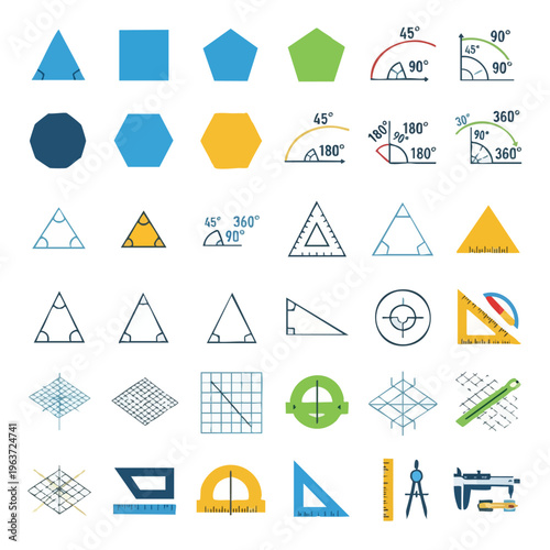 A colorful icon pack of geometric shapes and education-themed vector graphics, including triangles, angles, and mathematical symbols. Perfect for education materials, presentations
