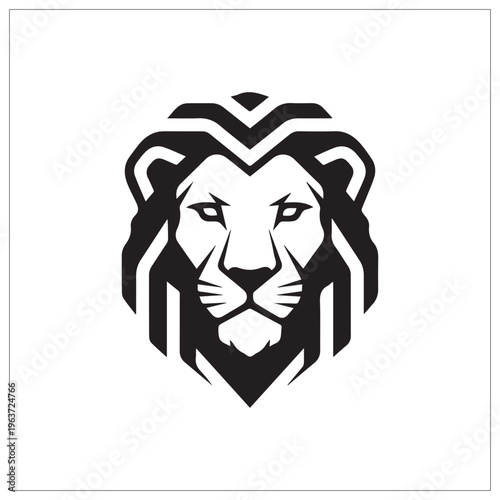 A striking black and white graphic illustration of a lion s head