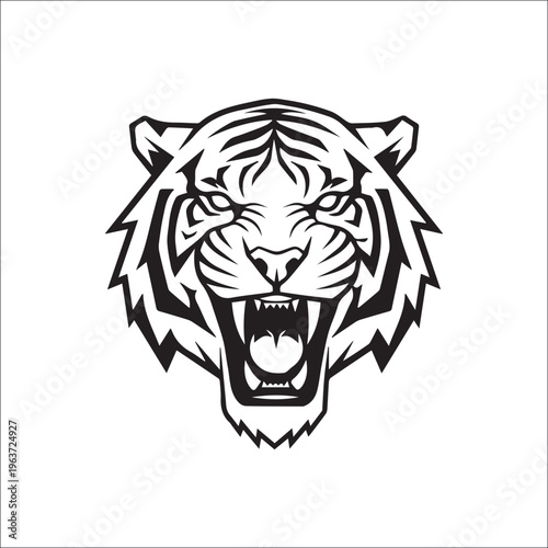 Fierce Tiger Emblem: A striking black and white tiger head emblem exudes power and ferocity, showcasing sharp lines and intense gaze.