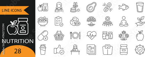 
28 Nutrition and Dietary Supplement Line Icons for Healthy Eating, Weight Management, and Diet Planning.
