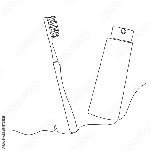 One continuous line drawing of toothbrush and toothpaste minimal single line art dental care concept