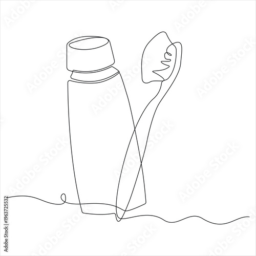 One continuous line drawing of toothbrush and toothpaste minimal single line art dental care concept
