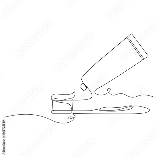 One continuous line drawing of toothbrush and toothpaste minimal single line art dental care concept
