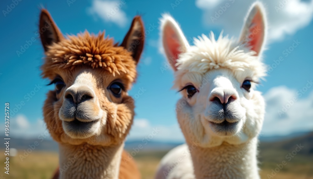 Naklejka premium Two alpacas, one brown and one white, face camera outdoors against bright blue sky. Their fuzzy muzzles and curious eyes fill frame. Lovely farm animals look straight ahead.