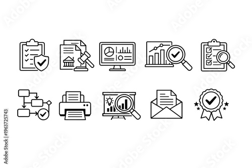 Collection of business and finance icons representing analytics, legal, and workflow processes