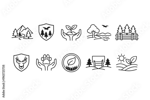 Collection of nature and conservation icons representing wildlife, growth, and landscapes