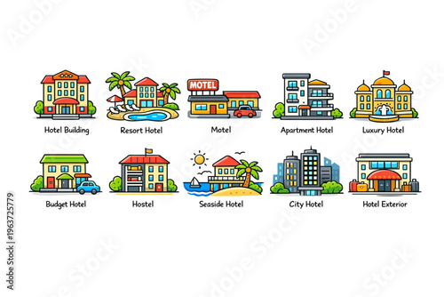 Collection of diverse hotel and accommodation building icons for travel and hospitality
