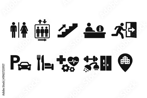 Collection of modern facility icons representing amenities and services in a building