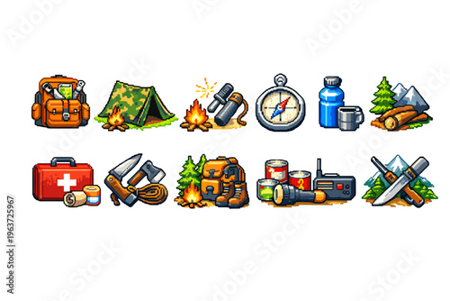 Pixel art collection of camping and survival gear icons for outdoor adventures