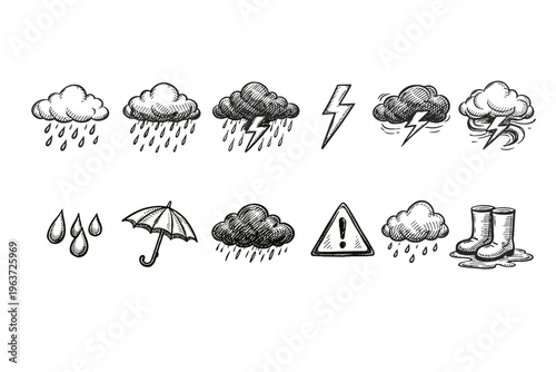 Hand-drawn weather icons depicting rain, lightning, and storm elements