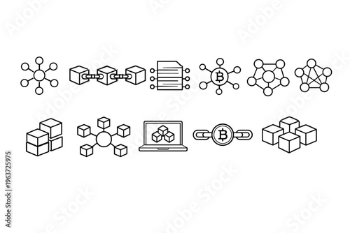 Collection of blockchain and network icons representing distributed ledger technology and cryptocurrency