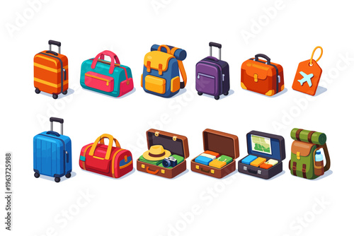 Collection of colorful travel bags and luggage for vacation adventures