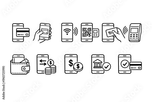 Collection of mobile payment icons showing various transaction methods and financial services