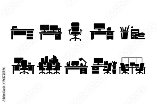Collection of modern office workspace icons and illustrations