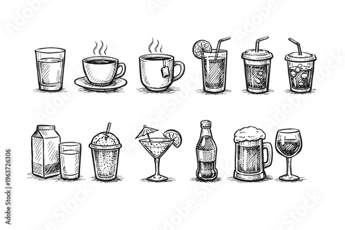 Collection of hand-drawn beverage icons including coffee, tea, juice, and beer