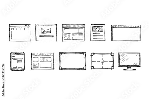Collection of hand-drawn website and app interface layout sketches