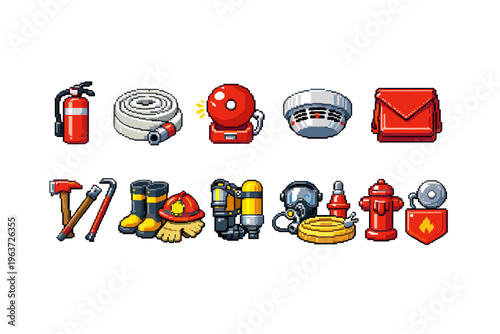 Pixel art collection of firefighter equipment and safety devices