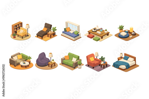 Collection of isometric cozy living room and bedroom furniture arrangements