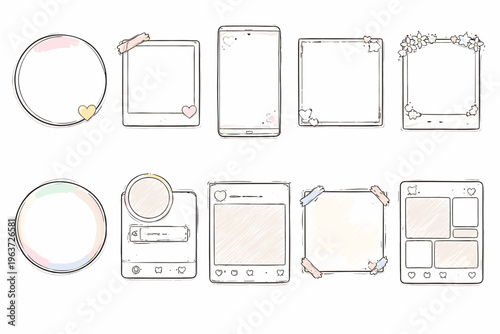 Cute hand-drawn social media frames and templates with pastel colors and hearts