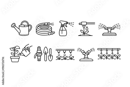 Gardening tools and watering systems icons for plant care and cultivation