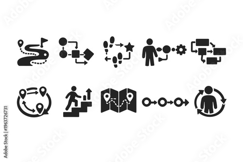 Collection of icons representing processes, journeys, and workflows in a clear, modern style