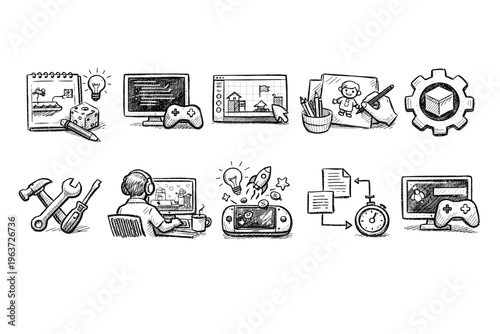 Collection of hand-drawn icons representing game development and creative processes