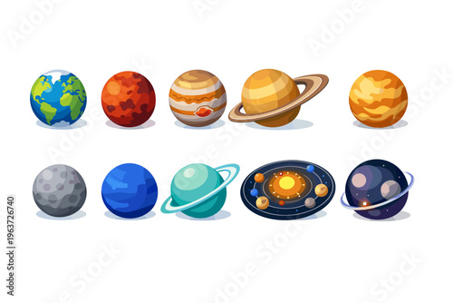 Collection of colorful planets and solar system illustration