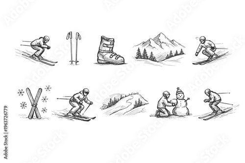 Collection of hand-drawn winter sports and activities illustrations
