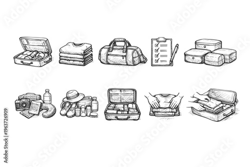 Collection of hand-drawn travel packing and organization icons for trips