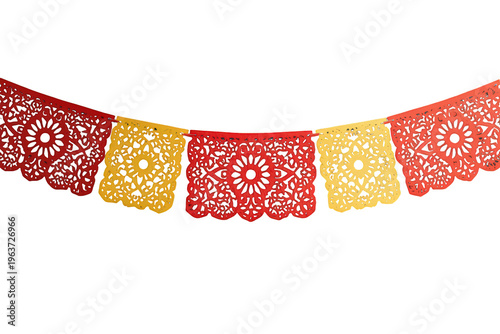 Papel picado banner with vibrant red and yellow colors showcasing intricate cut paper patterns for mexican holidays and parties