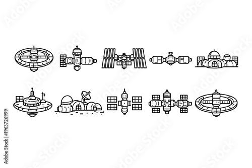 Collection of simple line art icons representing various space station designs and modules
