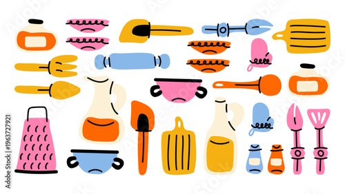Cartoon kitchenware collection with cookware, utensils and tableware. Bright cooking elements including pans, frying pan, spoon and fork. Playful vector set.