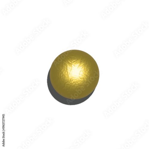 Shiny textured golden sphere casting shadow on isolated white background, abstract 3d render