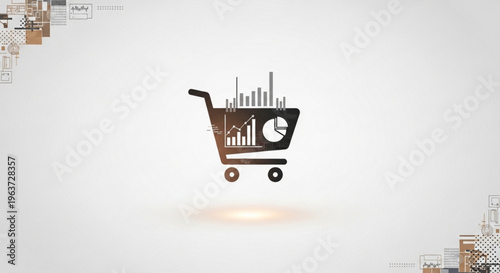 Shopping cart with graph and chart on white background symbolizing e commerce data analysis and online shopping statistics