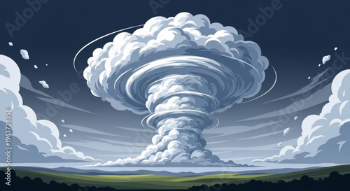 A large white tornado cloud swirls over a green landscape under a dark blue sky with scattered clouds and debris