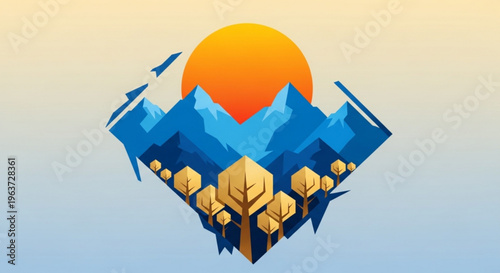 Vibrant mountain landscape with trees and sunset gradient background