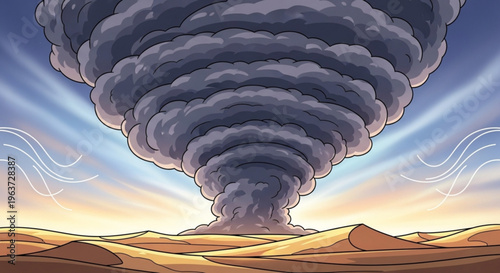 Large gray tornado cloud over desert landscape with sand dunes at sunset