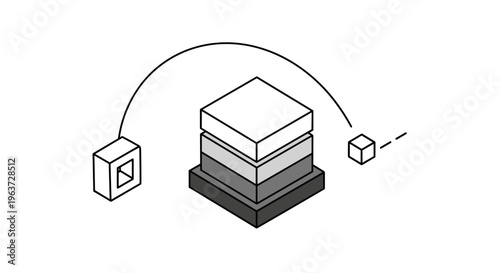 Abstract isometric cubes and layered pedestal connected by a curved line representing data transfer network connection