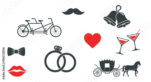 Collection of wedding icons including rings carriage bells mustache lips bow tie cocktail glasses and tandem bicycle