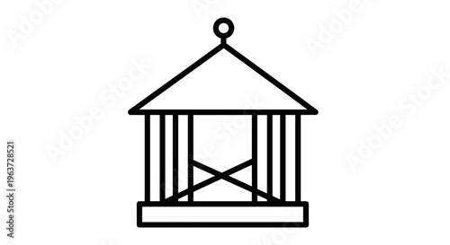 Simple minimalist line art icon of a classic bird feeder with a triangular roof and supporting pillars isolated
