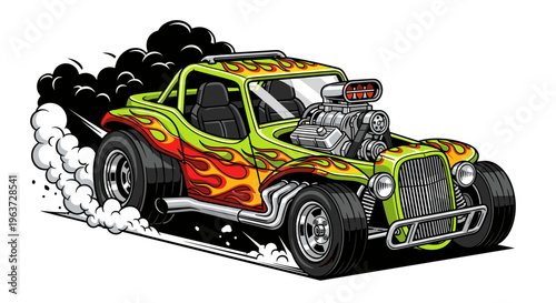 Powerful lime green custom hot rod buggy with vibrant flame graphics accelerating fiercely emitting thick black exhaust