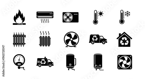 Collection of climate control and heating system icons including flame air conditioner fan thermometer radiator