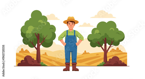 Proud farmer standing in golden field with lush trees and cloudy sky representing agriculture rural life