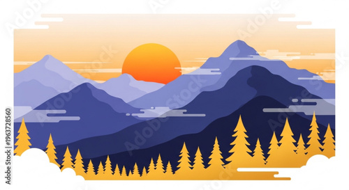 Sunset over mountains with pine trees in foreground serene landscape with orange sky