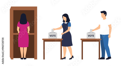 People casting votes inside a polling booth and at a table during an election illustrating democratic participation