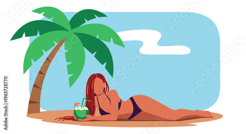 Relaxed woman sunbathing on sandy beach under palm tree with tropical drink enjoying summer vacation leisure and sunny