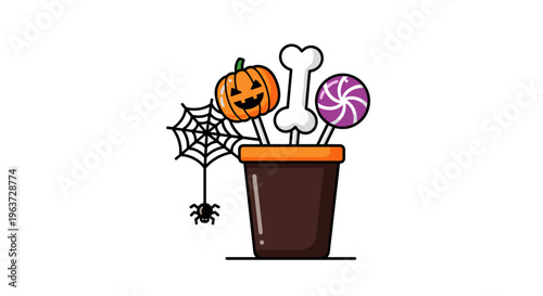 Festive halloween bucket overflowing with spooky treats like a carved pumpkin bone and swirl lollipop with a hanging