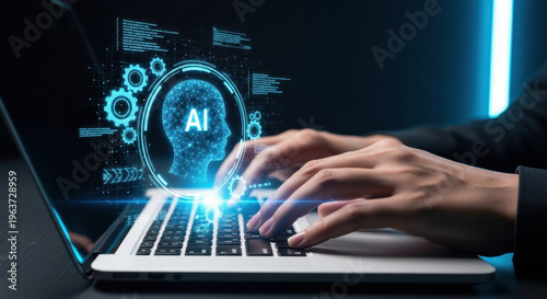 AI coding tool. Assisting software development and automating tasks. Programmer using AI to generate code for creating applications on laptop. 
