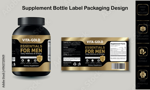 Editable Dietary Medicine or Vitamin Supplement Pill Bottle Label Packaging Design Template with 3D Mockup